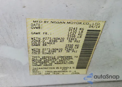 2014 Nissan Armada Platinum z USA, uszkodzony, nr VIN 5N1BA0NF3EN610015